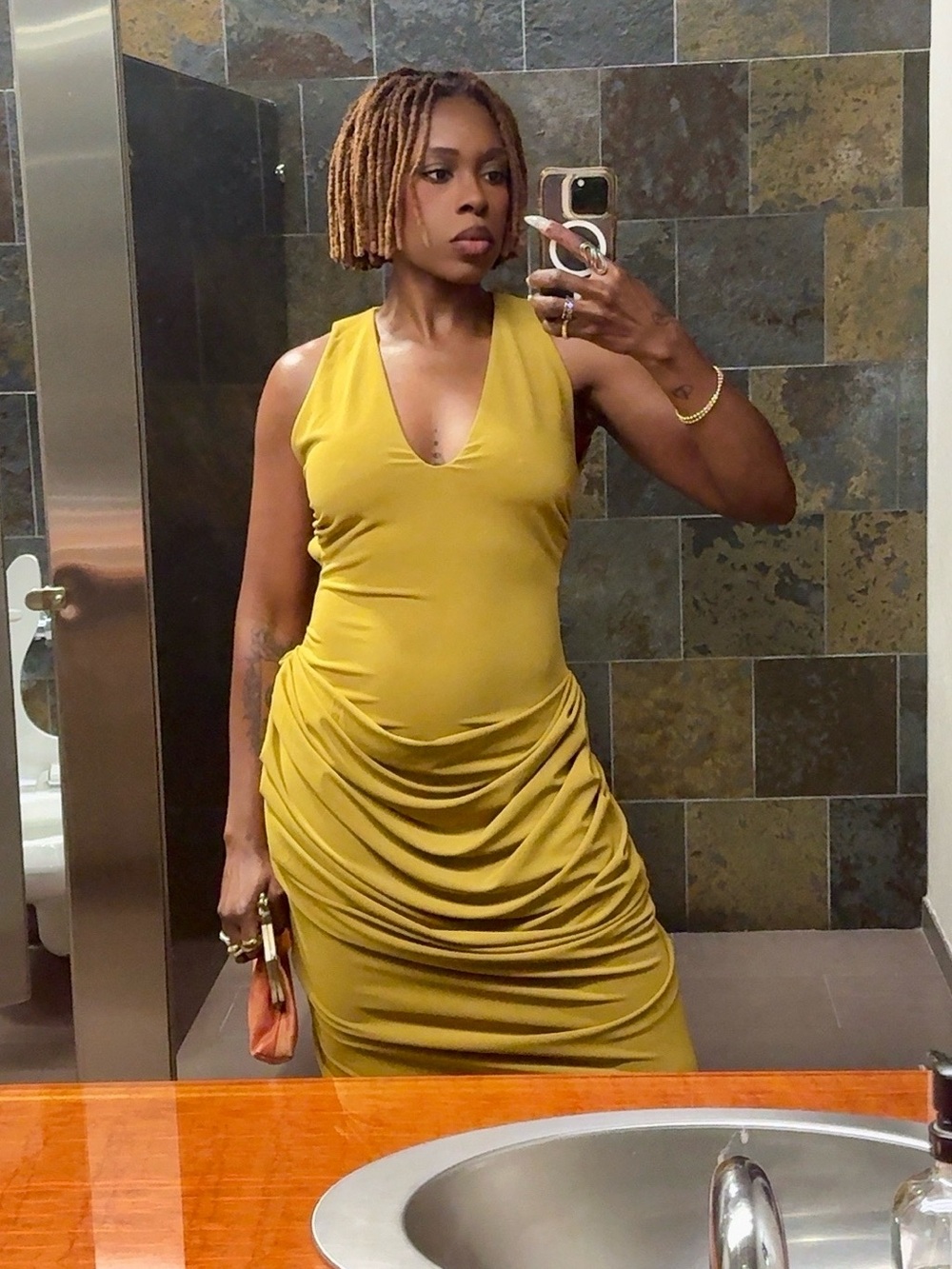 Sleeveless Ruched V-Neck Dress in Mustard
